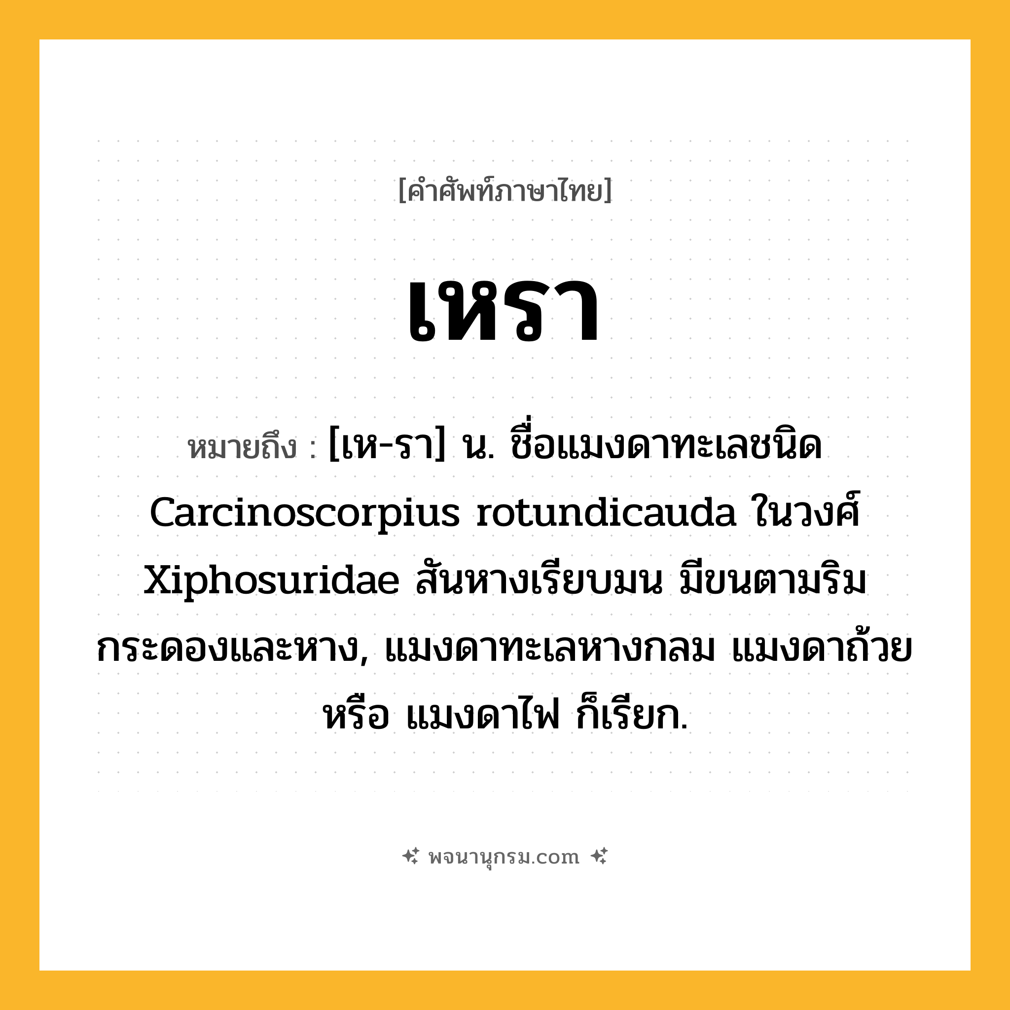 เหรา ความหมาย หมายถึงอะไร?, คำในภาษาไทย เหรา หมายถึง [เห-รา] น. ชื่อแมงดาทะเลชนิด Carcinoscorpius rotundicauda ในวงศ์ Xiphosuridae สันหางเรียบมน มีขนตามริมกระดองและหาง, แมงดาทะเลหางกลม แมงดาถ้วย หรือ แมงดาไฟ ก็เรียก.