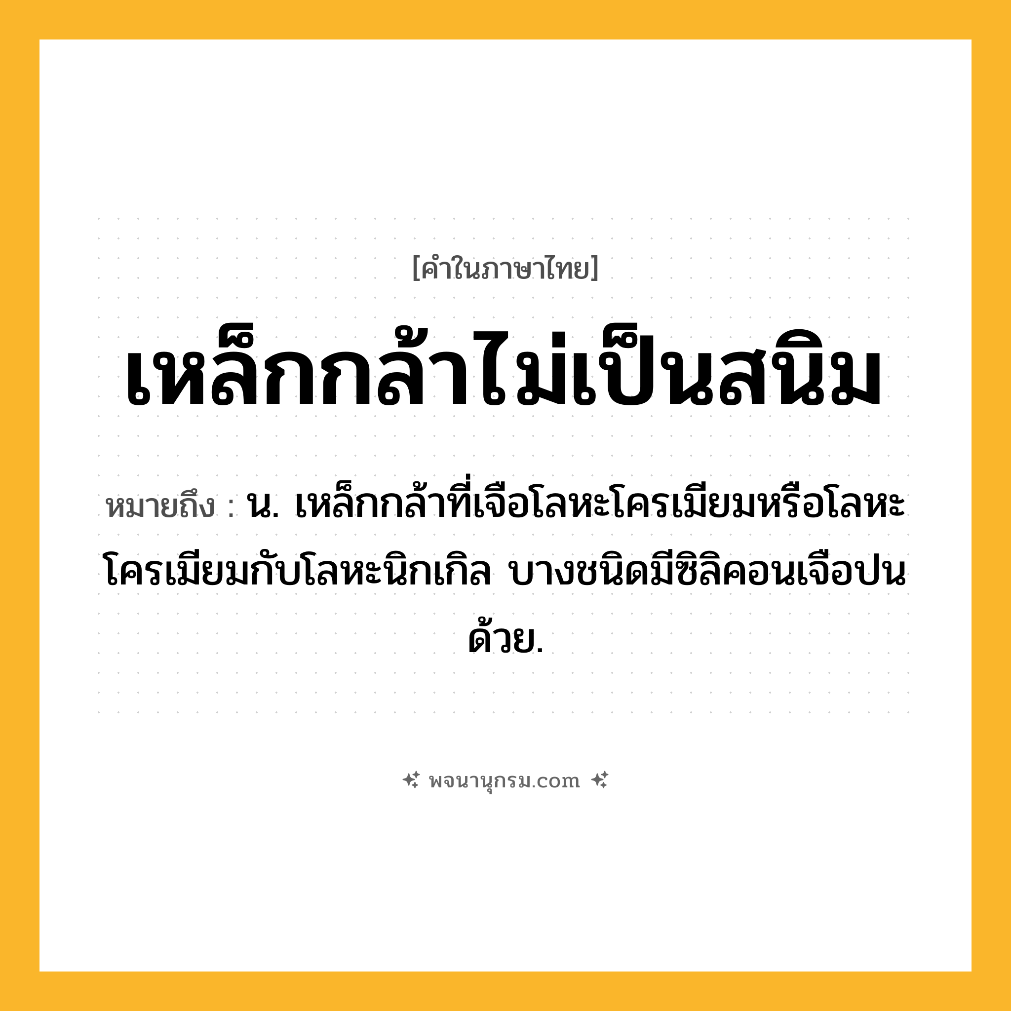 เหล็กกล้าไม่เป็นสนิม ความหมาย หมายถึงอะไร?, คำในภาษาไทย เหล็กกล้าไม่เป็นสนิม หมายถึง น. เหล็กกล้าที่เจือโลหะโครเมียมหรือโลหะโครเมียมกับโลหะนิกเกิล บางชนิดมีซิลิคอนเจือปนด้วย.