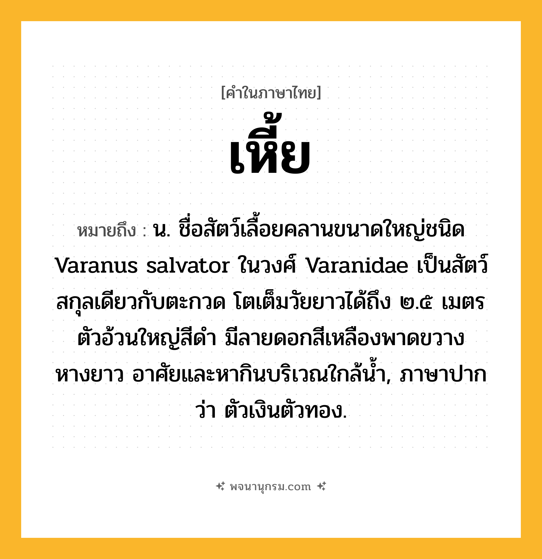 เหี้ย ความหมาย หมายถึงอะไร?, คำในภาษาไทย เหี้ย หมายถึง น. ชื่อสัตว์เลื้อยคลานขนาดใหญ่ชนิด Varanus salvator ในวงศ์ Varanidae เป็นสัตว์สกุลเดียวกับตะกวด โตเต็มวัยยาวได้ถึง ๒.๕ เมตร ตัวอ้วนใหญ่สีดํา มีลายดอกสีเหลืองพาดขวาง หางยาว อาศัยและหากินบริเวณใกล้นํ้า, ภาษาปากว่า ตัวเงินตัวทอง.