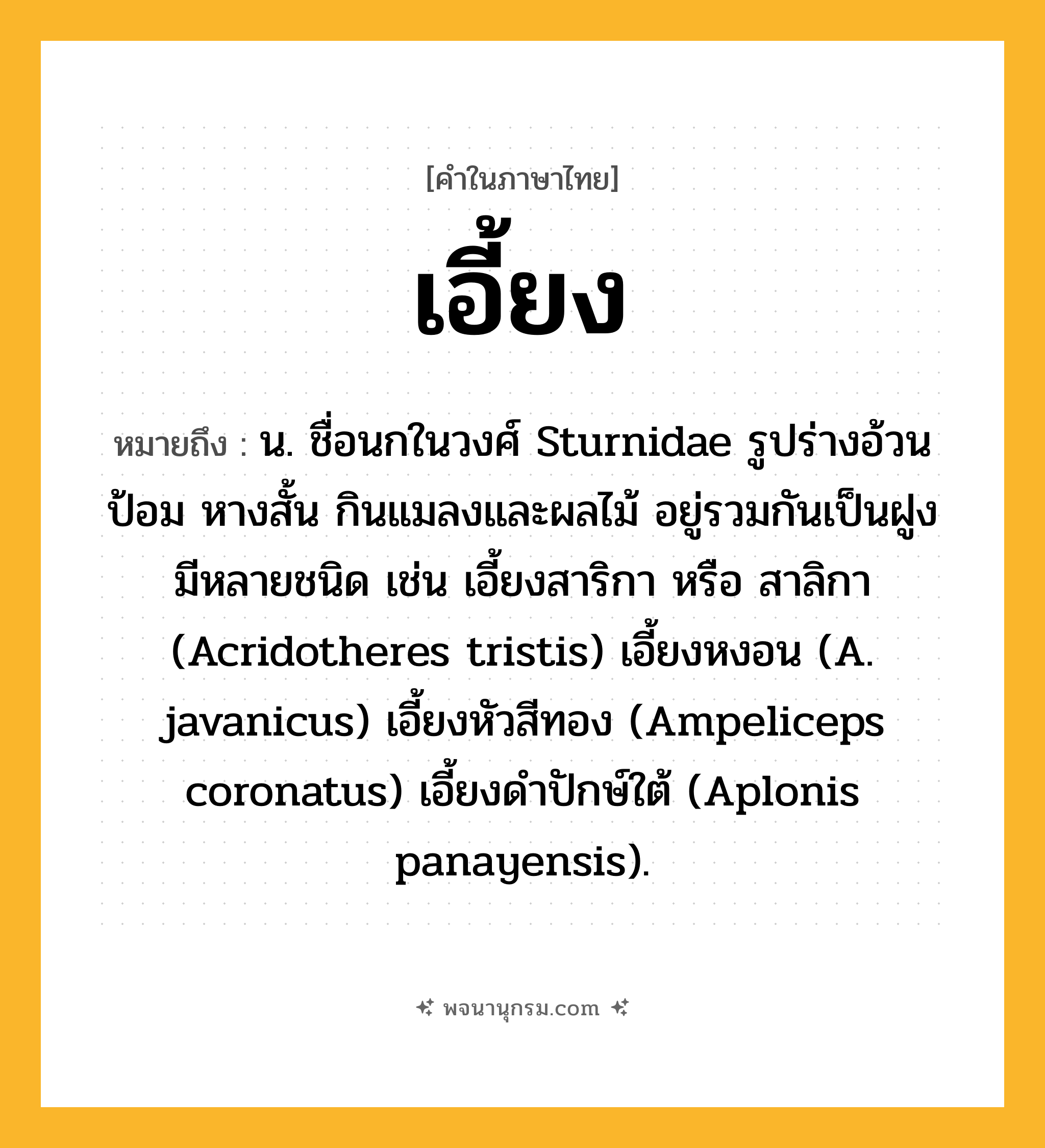 เอี้ยง ความหมาย หมายถึงอะไร?, คำในภาษาไทย เอี้ยง หมายถึง น. ชื่อนกในวงศ์ Sturnidae รูปร่างอ้วนป้อม หางสั้น กินแมลงและผลไม้ อยู่รวมกันเป็นฝูง มีหลายชนิด เช่น เอี้ยงสาริกา หรือ สาลิกา (Acridotheres tristis) เอี้ยงหงอน (A. javanicus) เอี้ยงหัวสีทอง (Ampeliceps coronatus) เอี้ยงดําปักษ์ใต้ (Aplonis panayensis).