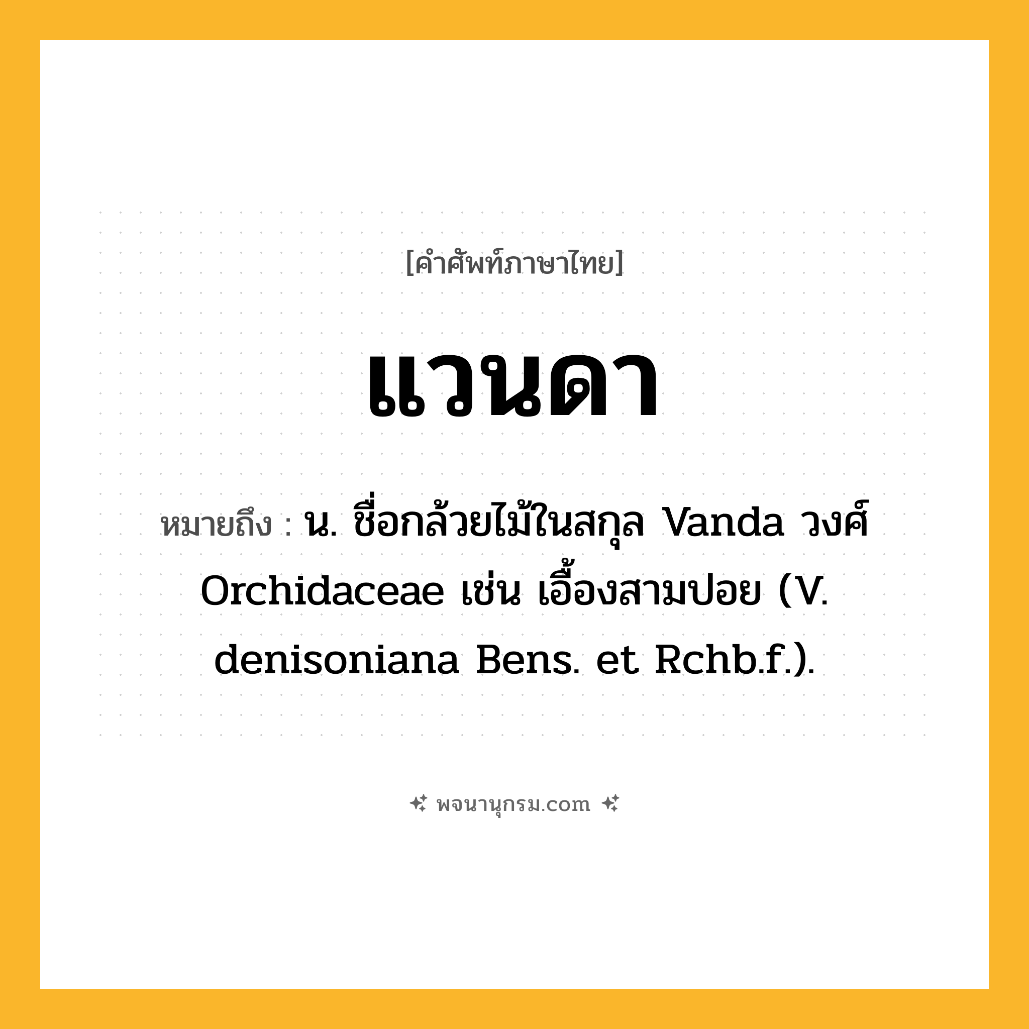 แวนดา ความหมาย หมายถึงอะไร?, คำในภาษาไทย แวนดา หมายถึง น. ชื่อกล้วยไม้ในสกุล Vanda วงศ์ Orchidaceae เช่น เอื้องสามปอย (V. denisoniana Bens. et Rchb.f.).