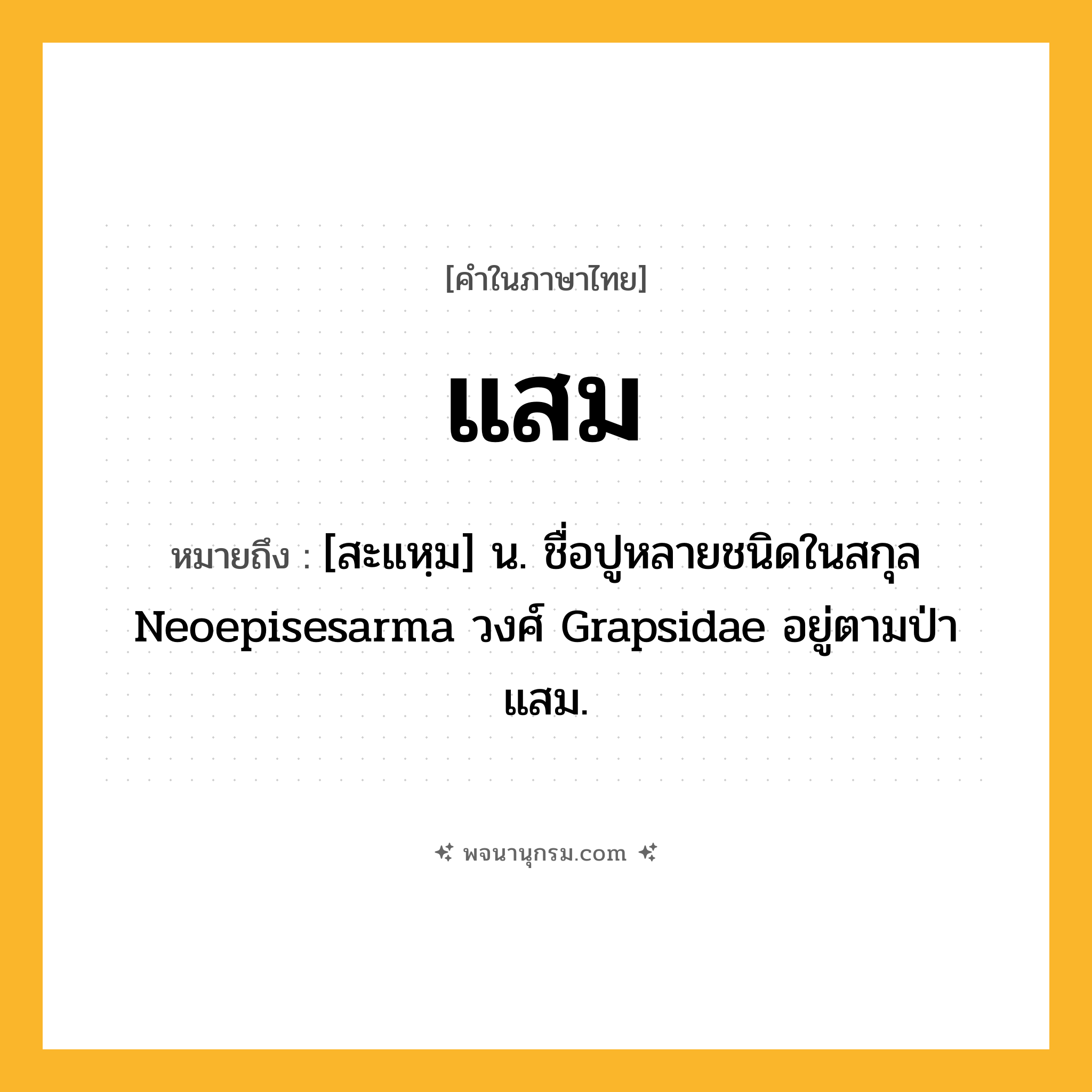 แสม ความหมาย หมายถึงอะไร?, คำในภาษาไทย แสม หมายถึง [สะแหฺม] น. ชื่อปูหลายชนิดในสกุล Neoepisesarma วงศ์ Grapsidae อยู่ตามป่าแสม.