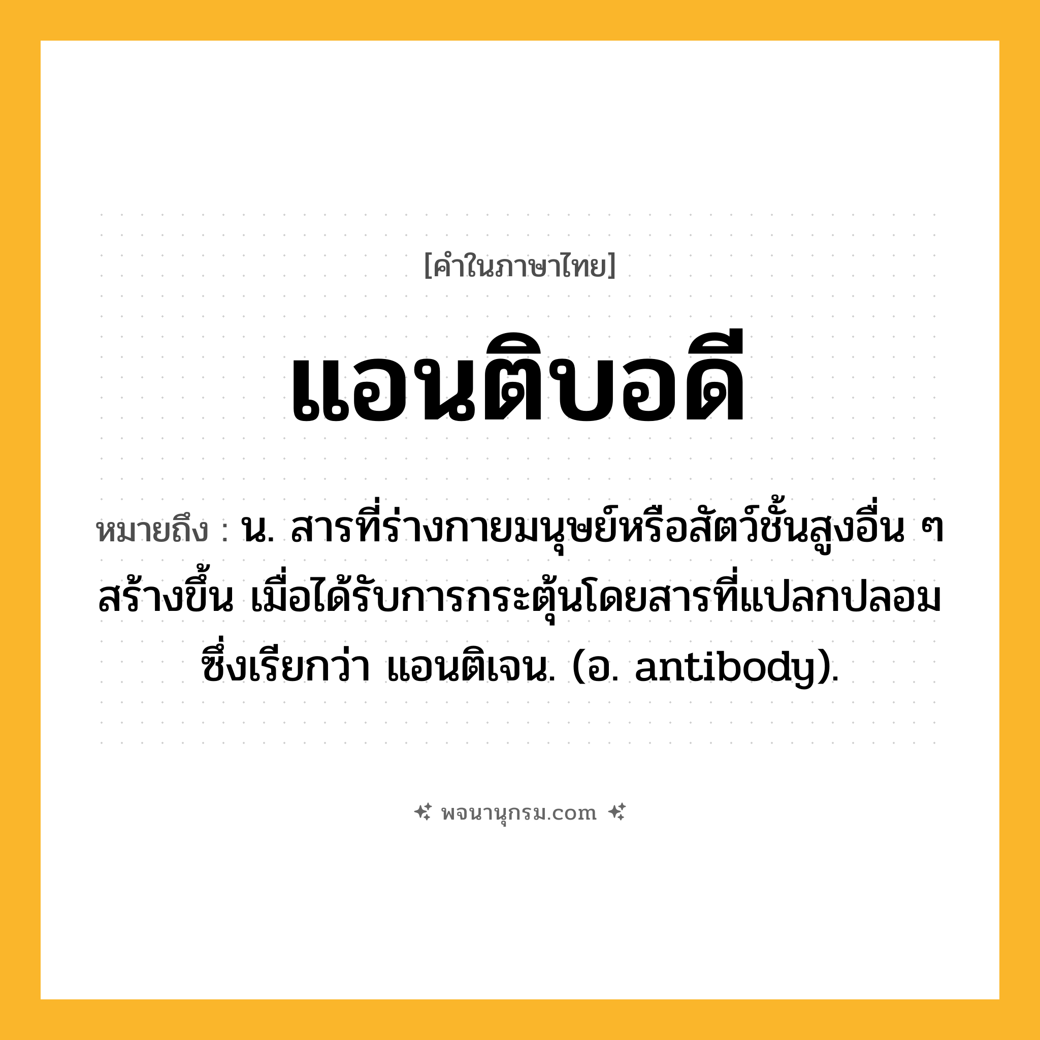 แอนติบอดี ความหมาย หมายถึงอะไร?, คำในภาษาไทย แอนติบอดี หมายถึง น. สารที่ร่างกายมนุษย์หรือสัตว์ชั้นสูงอื่น ๆ สร้างขึ้น เมื่อได้รับการกระตุ้นโดยสารที่แปลกปลอมซึ่งเรียกว่า แอนติเจน. (อ. antibody).