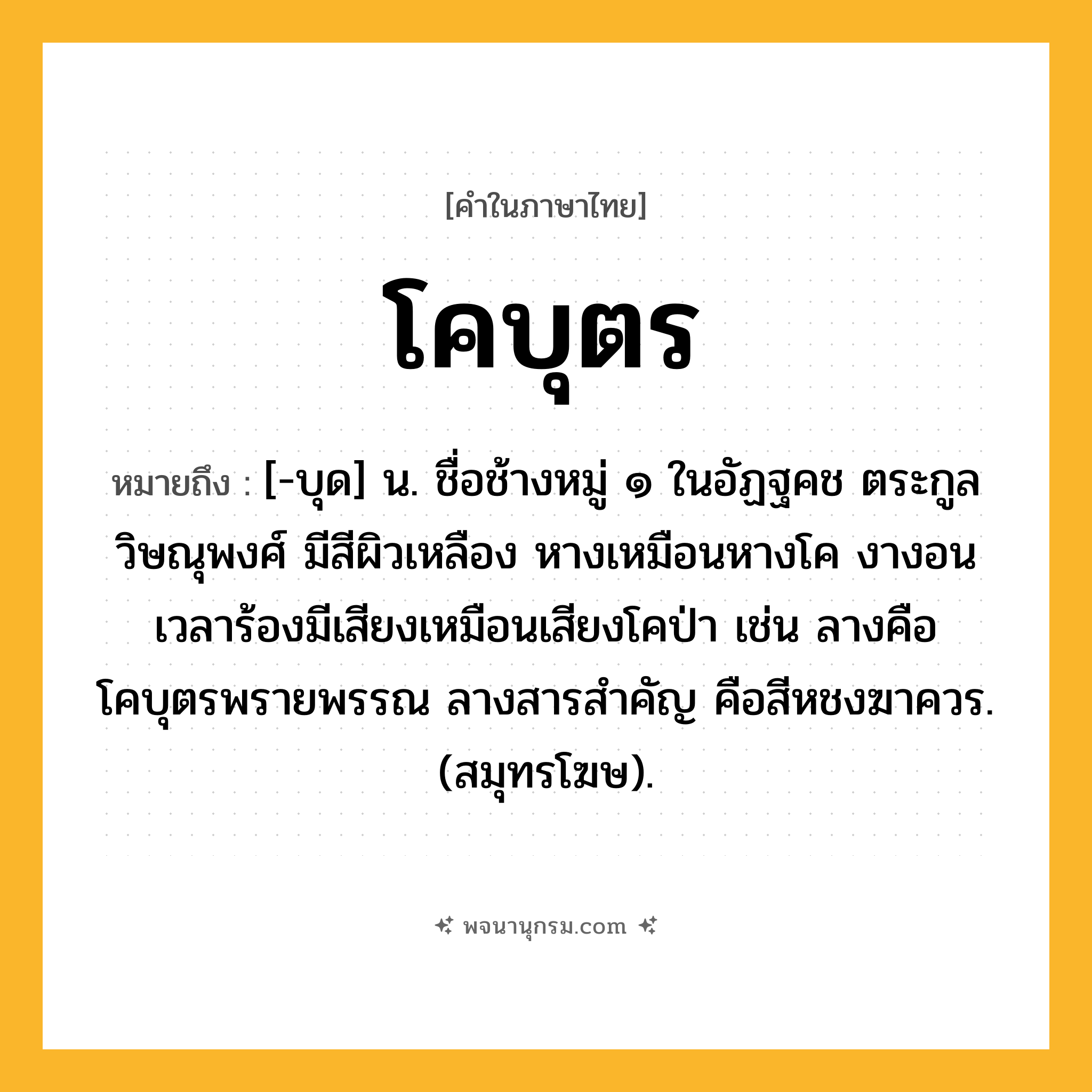 โคบุตร ความหมาย หมายถึงอะไร?, คำในภาษาไทย โคบุตร หมายถึง [-บุด] น. ชื่อช้างหมู่ ๑ ในอัฏฐคช ตระกูลวิษณุพงศ์ มีสีผิวเหลือง หางเหมือนหางโค งางอน เวลาร้องมีเสียงเหมือนเสียงโคป่า เช่น ลางคือโคบุตรพรายพรรณ ลางสารสำคัญ คือสีหชงฆาควร. (สมุทรโฆษ).
