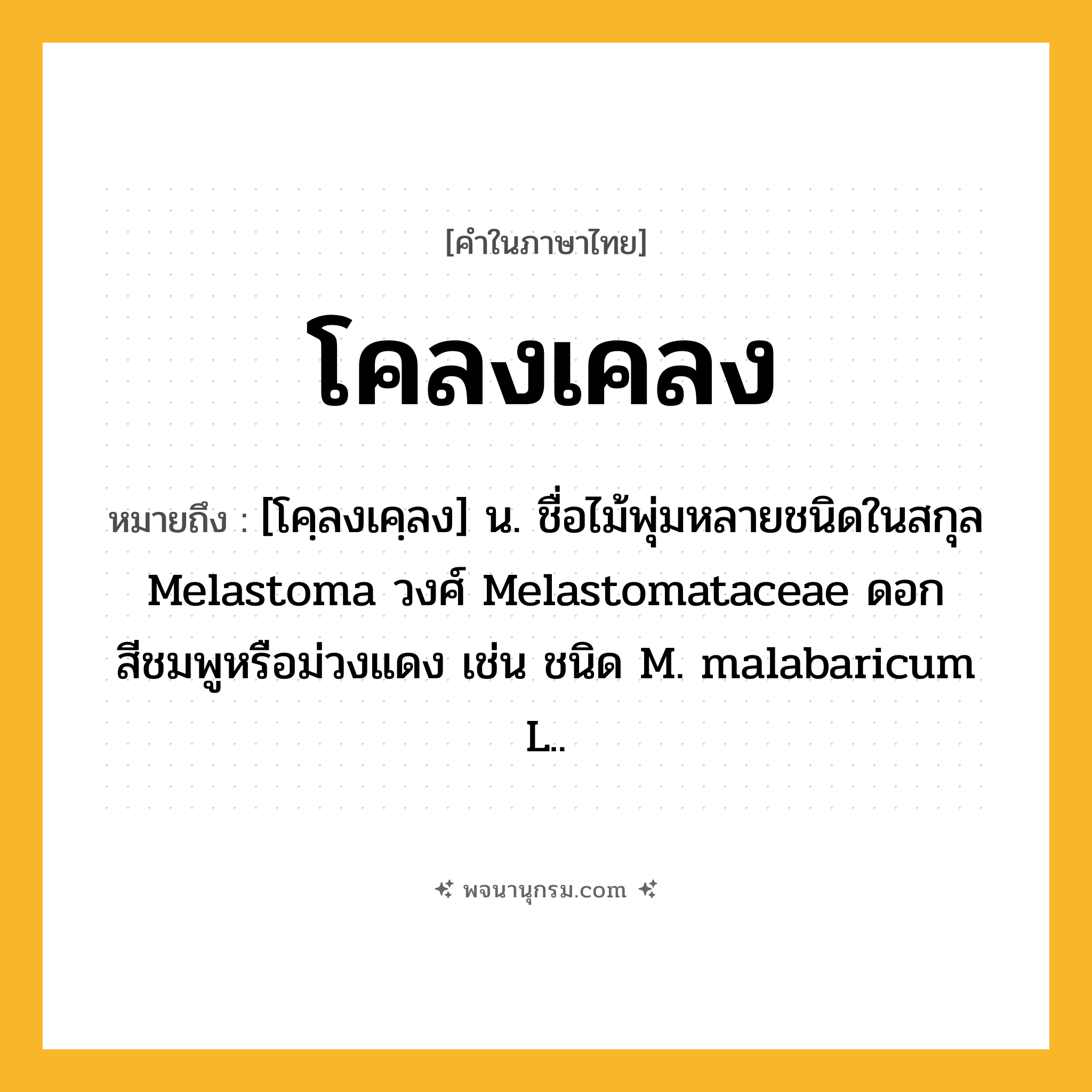 โคลงเคลง ความหมาย หมายถึงอะไร?, คำในภาษาไทย โคลงเคลง หมายถึง [โคฺลงเคฺลง] น. ชื่อไม้พุ่มหลายชนิดในสกุล Melastoma วงศ์ Melastomataceae ดอกสีชมพูหรือม่วงแดง เช่น ชนิด M. malabaricum L..