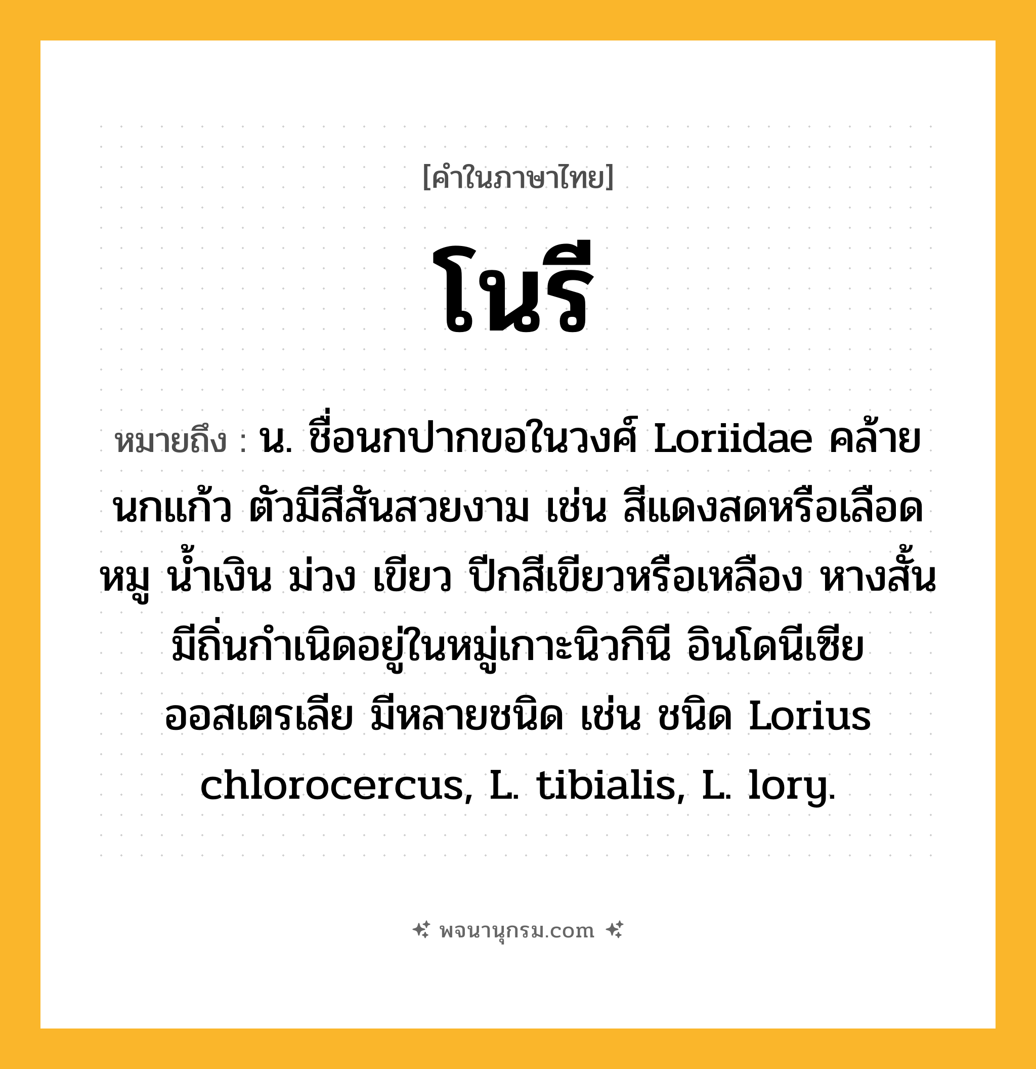 โนรี ความหมาย หมายถึงอะไร?, คำในภาษาไทย โนรี หมายถึง น. ชื่อนกปากขอในวงศ์ Loriidae คล้ายนกแก้ว ตัวมีสีสันสวยงาม เช่น สีแดงสดหรือเลือดหมู นํ้าเงิน ม่วง เขียว ปีกสีเขียวหรือเหลือง หางสั้น มีถิ่นกําเนิดอยู่ในหมู่เกาะนิวกินี อินโดนีเซีย ออสเตรเลีย มีหลายชนิด เช่น ชนิด Lorius chlorocercus, L. tibialis, L. lory.