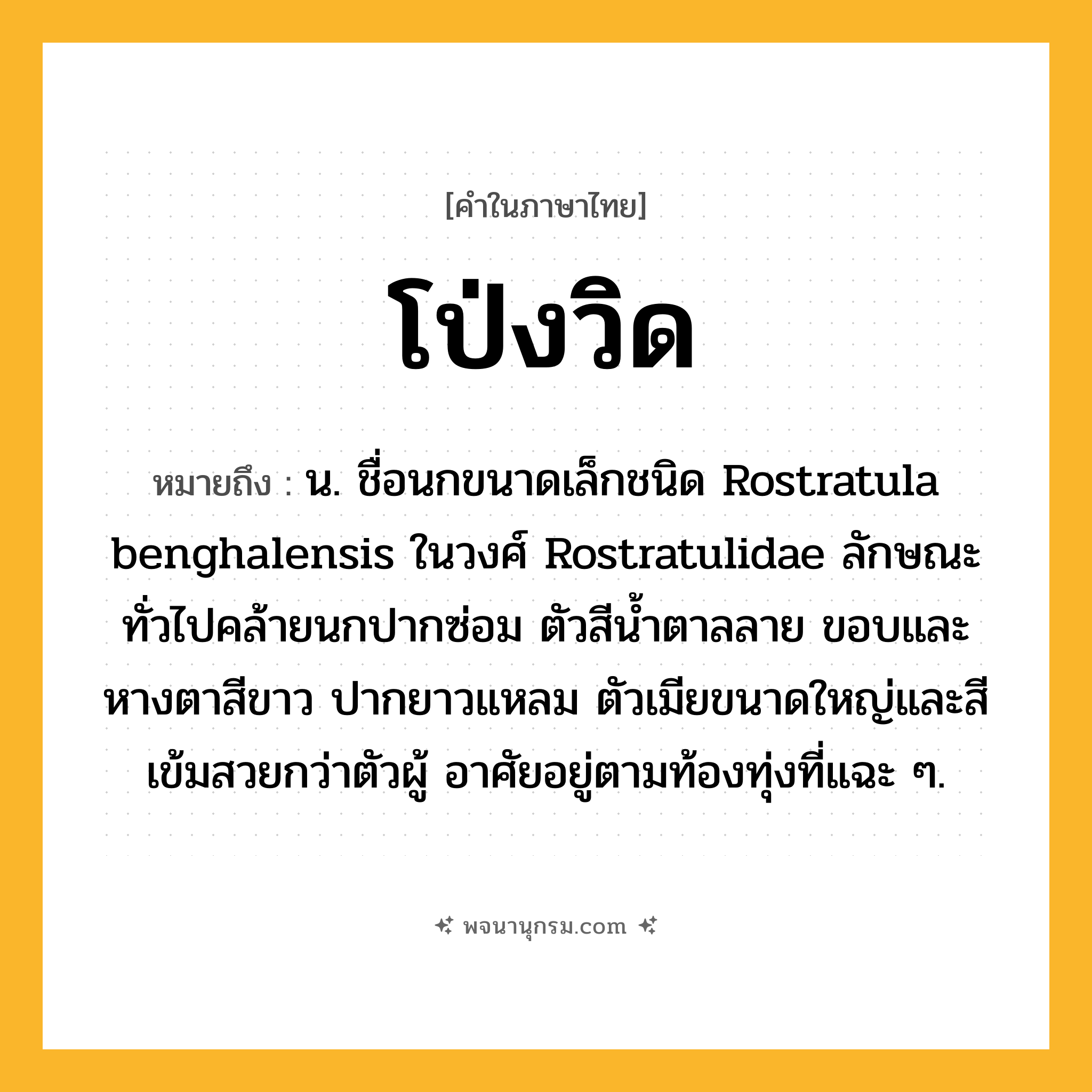 โป่งวิด ความหมาย หมายถึงอะไร?, คำในภาษาไทย โป่งวิด หมายถึง น. ชื่อนกขนาดเล็กชนิด Rostratula benghalensis ในวงศ์ Rostratulidae ลักษณะทั่วไปคล้ายนกปากซ่อม ตัวสีนํ้าตาลลาย ขอบและหางตาสีขาว ปากยาวแหลม ตัวเมียขนาดใหญ่และสีเข้มสวยกว่าตัวผู้ อาศัยอยู่ตามท้องทุ่งที่แฉะ ๆ.