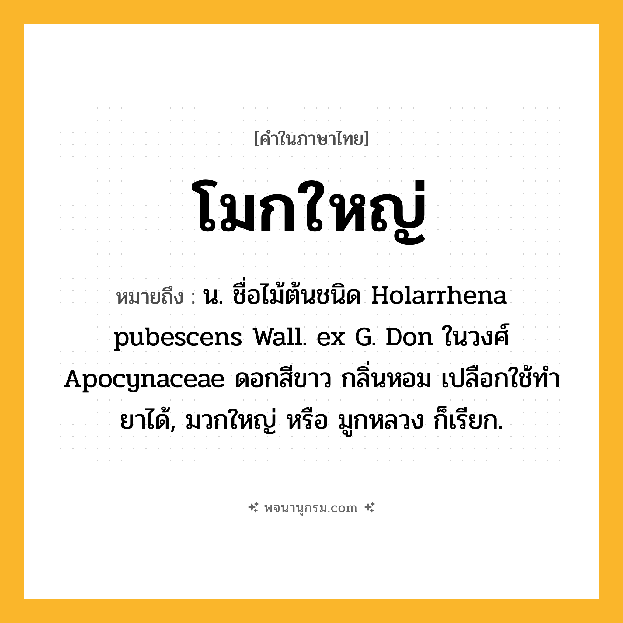 โมกใหญ่ ความหมาย หมายถึงอะไร?, คำในภาษาไทย โมกใหญ่ หมายถึง น. ชื่อไม้ต้นชนิด Holarrhena pubescens Wall. ex G. Don ในวงศ์ Apocynaceae ดอกสีขาว กลิ่นหอม เปลือกใช้ทํายาได้, มวกใหญ่ หรือ มูกหลวง ก็เรียก.