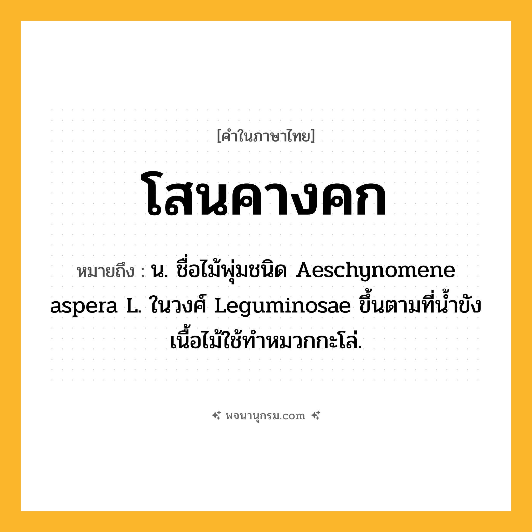 โสนคางคก ความหมาย หมายถึงอะไร?, คำในภาษาไทย โสนคางคก หมายถึง น. ชื่อไม้พุ่มชนิด Aeschynomene aspera L. ในวงศ์ Leguminosae ขึ้นตามที่น้ำขัง เนื้อไม้ใช้ทำหมวกกะโล่.
