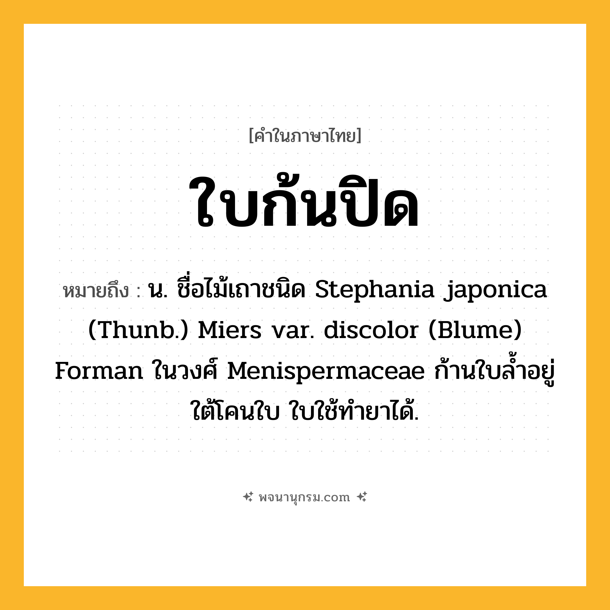 ใบก้นปิด ความหมาย หมายถึงอะไร?, คำในภาษาไทย ใบก้นปิด หมายถึง น. ชื่อไม้เถาชนิด Stephania japonica (Thunb.) Miers var. discolor (Blume) Forman ในวงศ์ Menispermaceae ก้านใบลํ้าอยู่ใต้โคนใบ ใบใช้ทํายาได้.