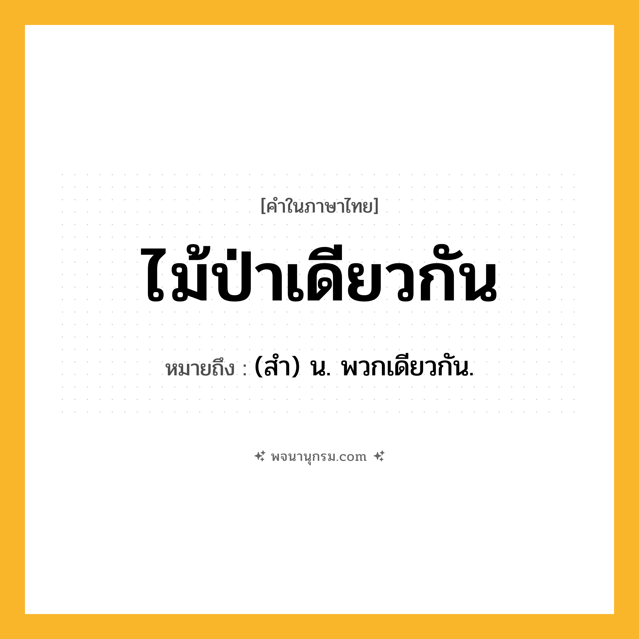ไม้ป่าเดียวกัน ความหมาย หมายถึงอะไร?, คำในภาษาไทย ไม้ป่าเดียวกัน หมายถึง (สํา) น. พวกเดียวกัน.